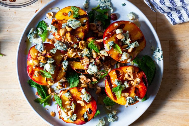 grilled nectarines with gorgonzola and hazelnuts