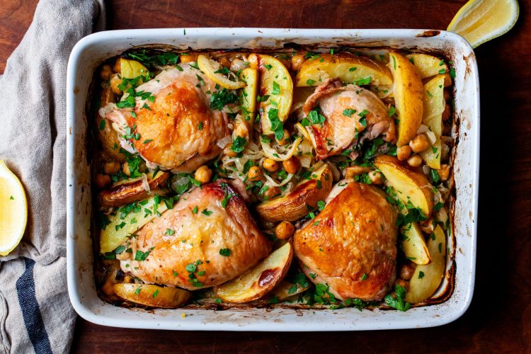 lemon chicken with potatoes and chickpeas