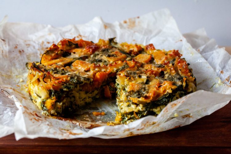 winter squash and spinach pasta bake