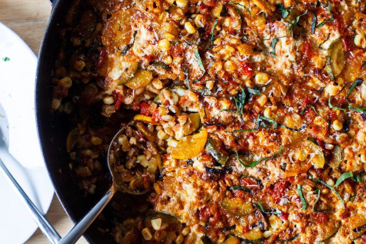 baked farro with summer vegetables