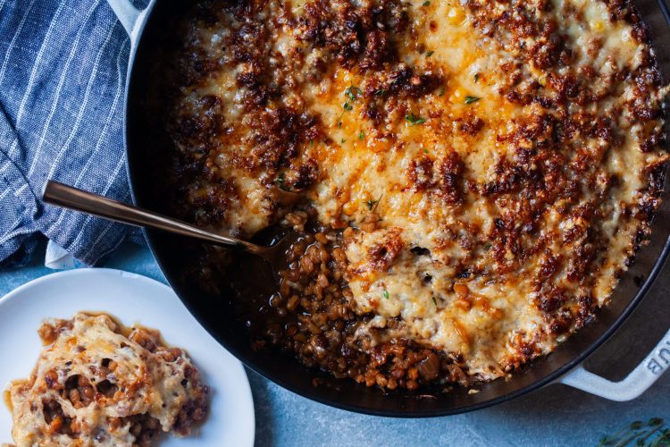 french onion baked lentils and farro