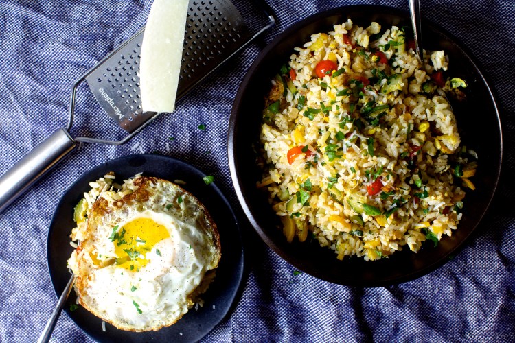 fried rice with zucchini, tomatoes and parmesan